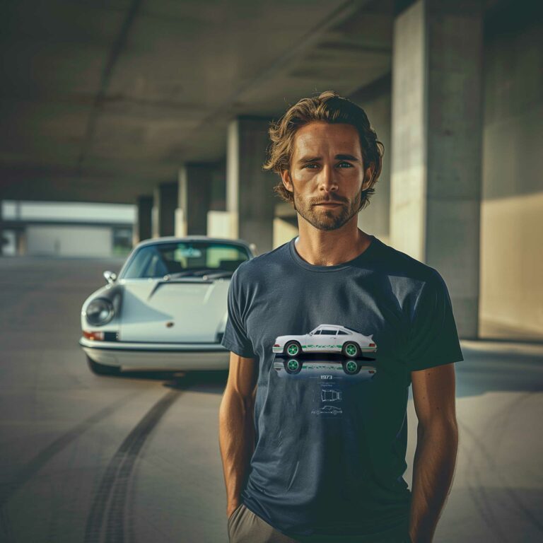 Man with classic car t-shirt, vintage Porsche background.