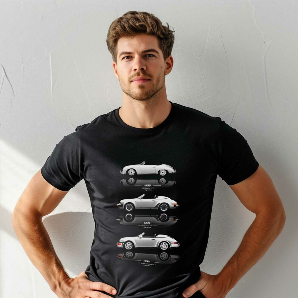 Man in black t-shirt with printed vintage cars.