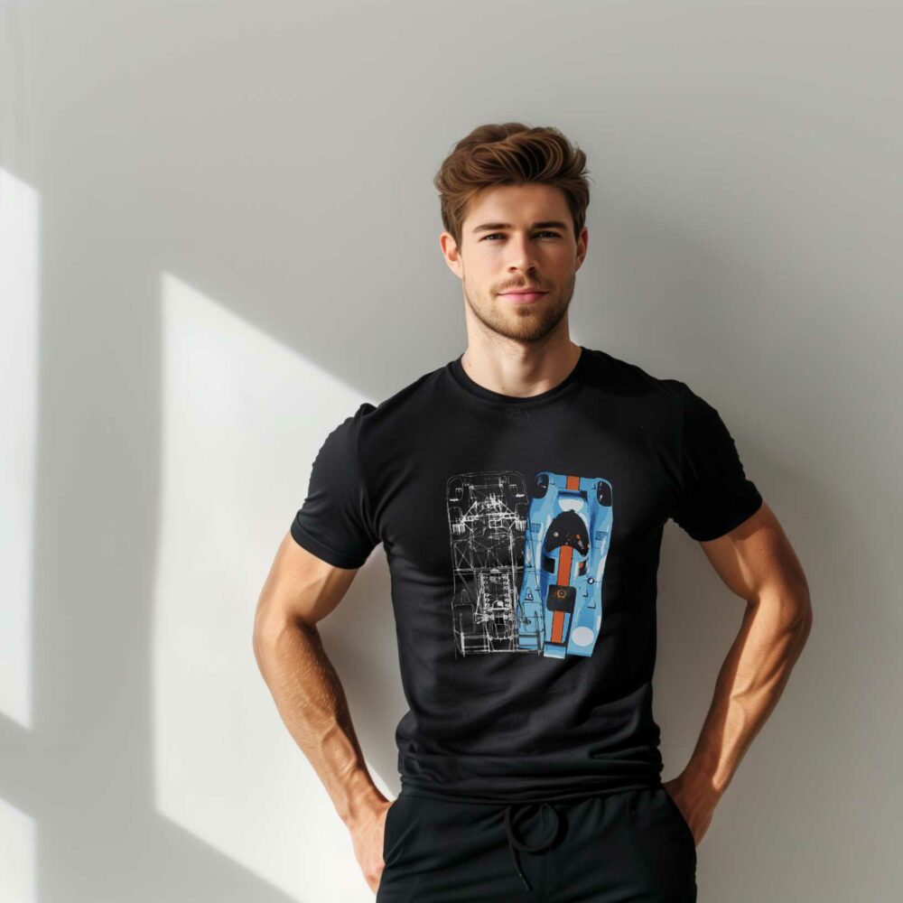 Man in black t-shirt with graphic design.