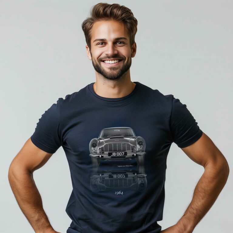 Man smiling wearing vintage car t-shirt.