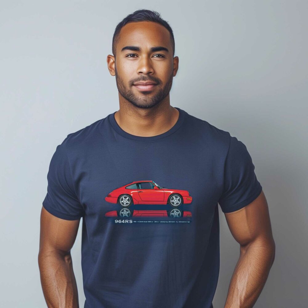 Man in t-shirt with red car print.