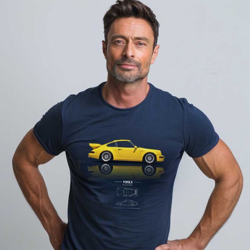 Man in blue shirt with yellow car graphic.