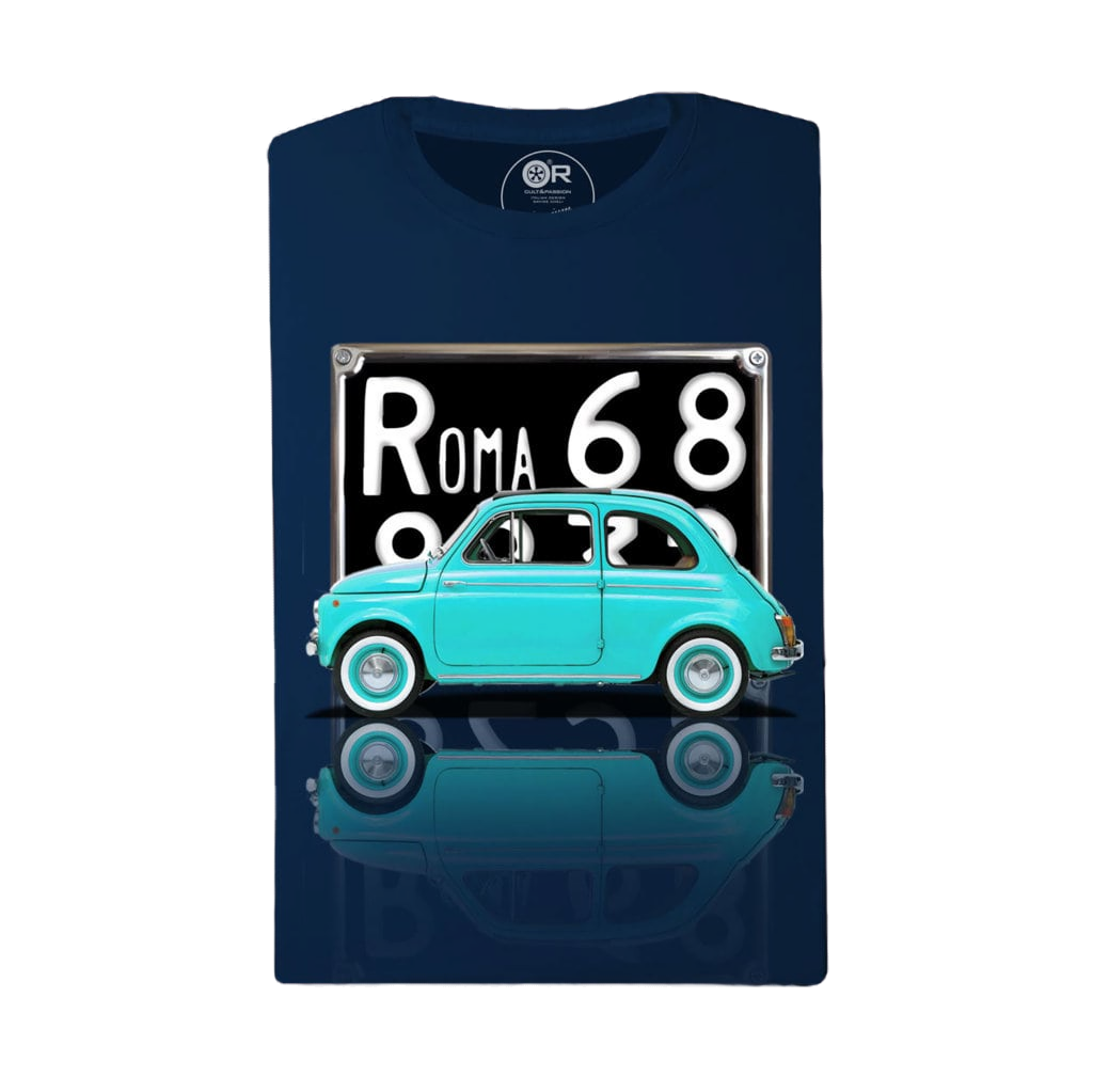 Blue T-shirt with vintage car and Roma license plate graphic