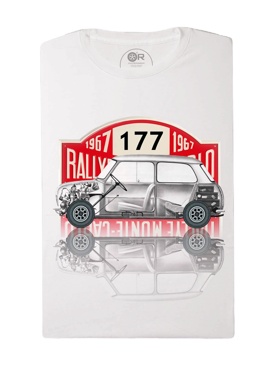 Vintage rally car print t-shirt design.