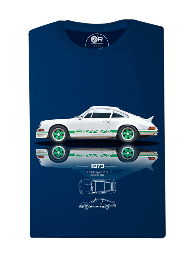 Blue T-shirt with vintage car graphic design.