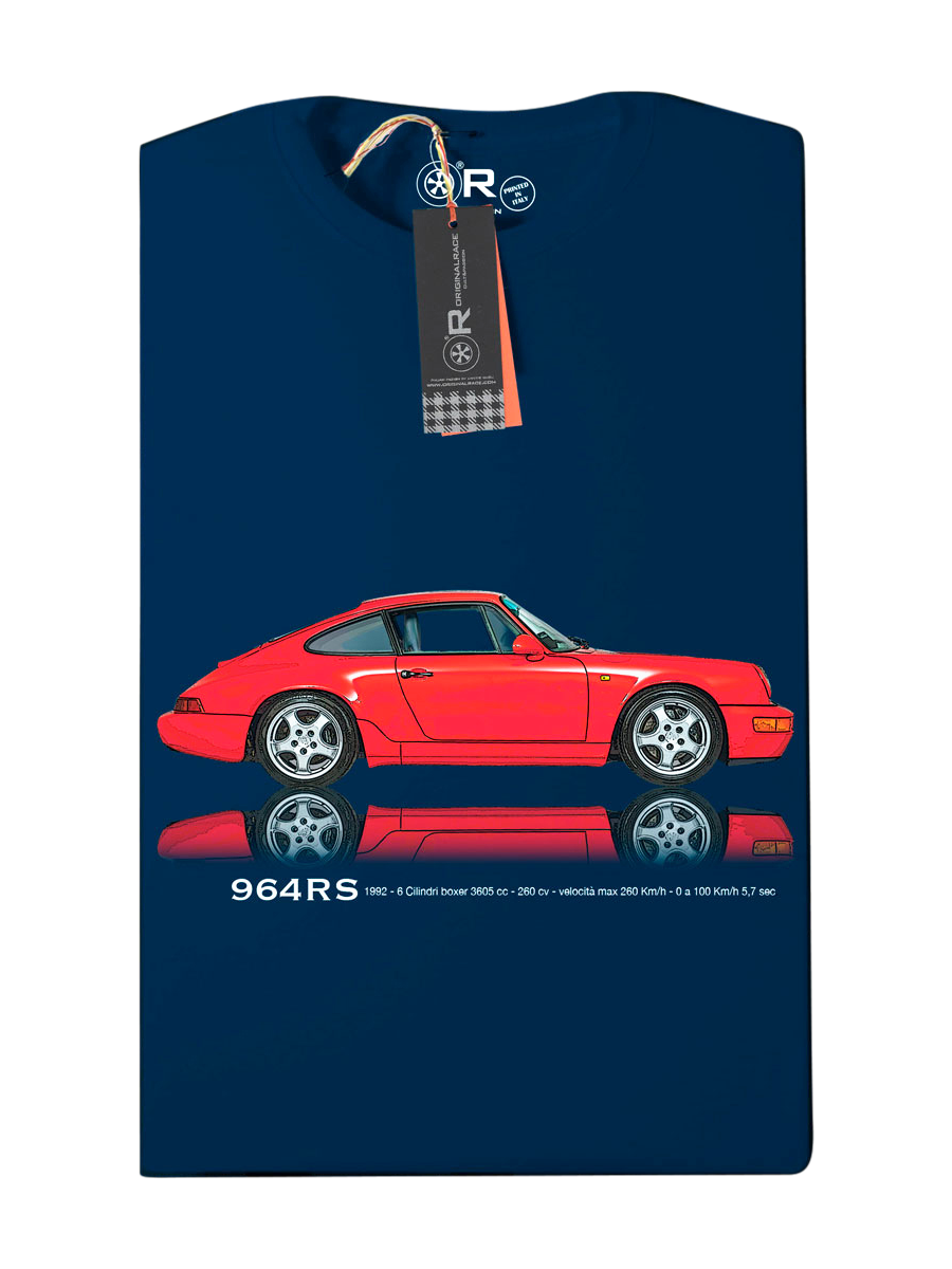 Navy t-shirt with red car print and tag.