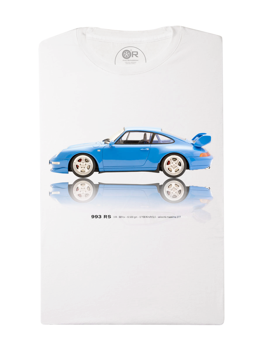 Blue sports car graphic on white t-shirt.