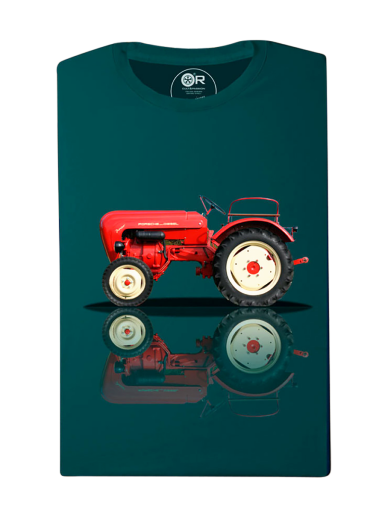 Vintage tractor graphic t-shirt on wooden hanger