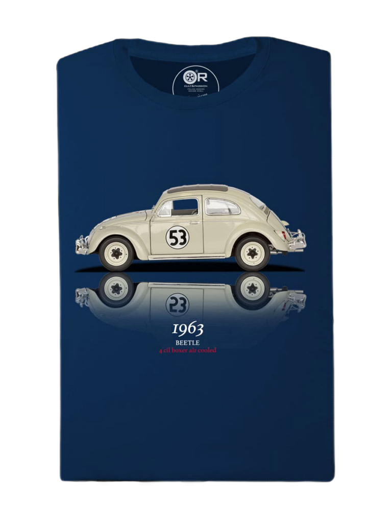 Vintage car graphic t-shirt, navy blue, 1963 Beetle.