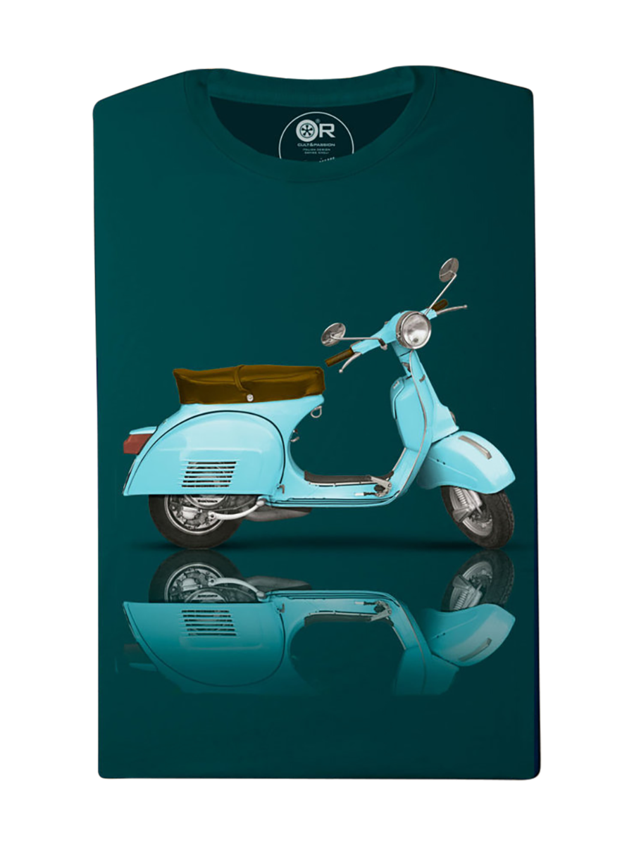 Teal scooter print on dark green T-shirt.