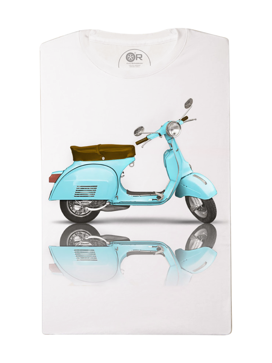 White T-shirt with printed blue scooter design.