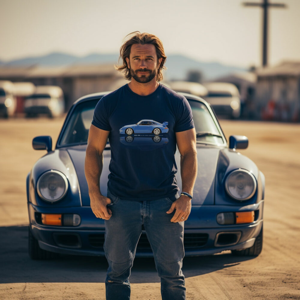 Man standing in front of vintage blue sports car.