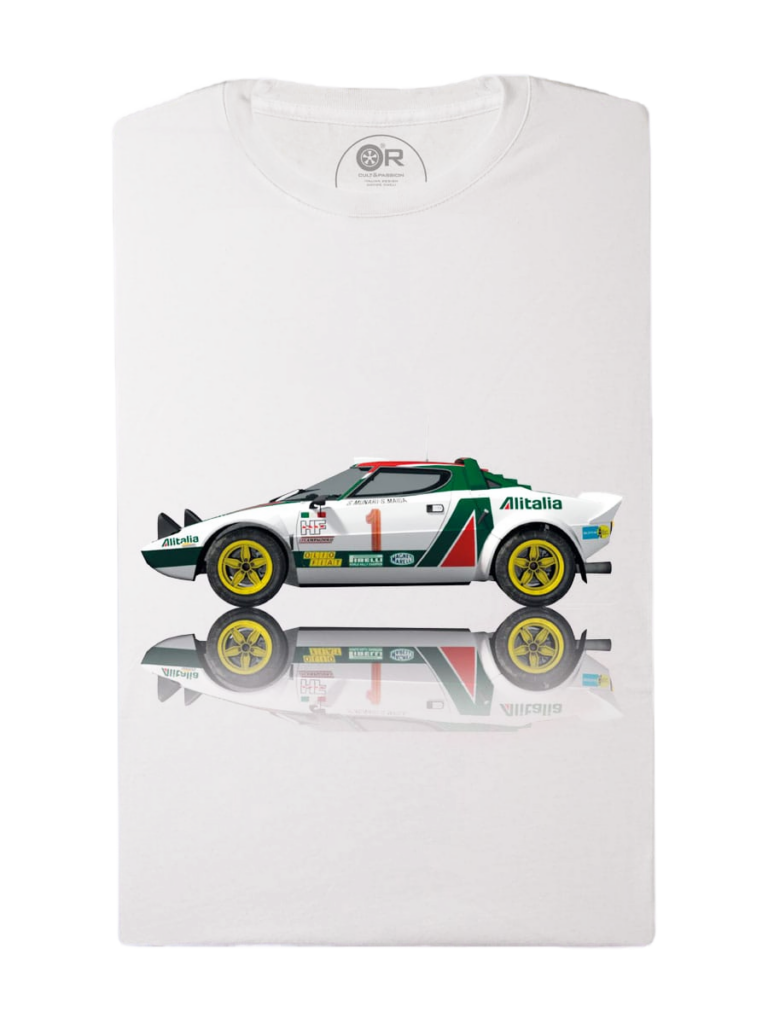 White t-shirt with vintage race car graphic design
