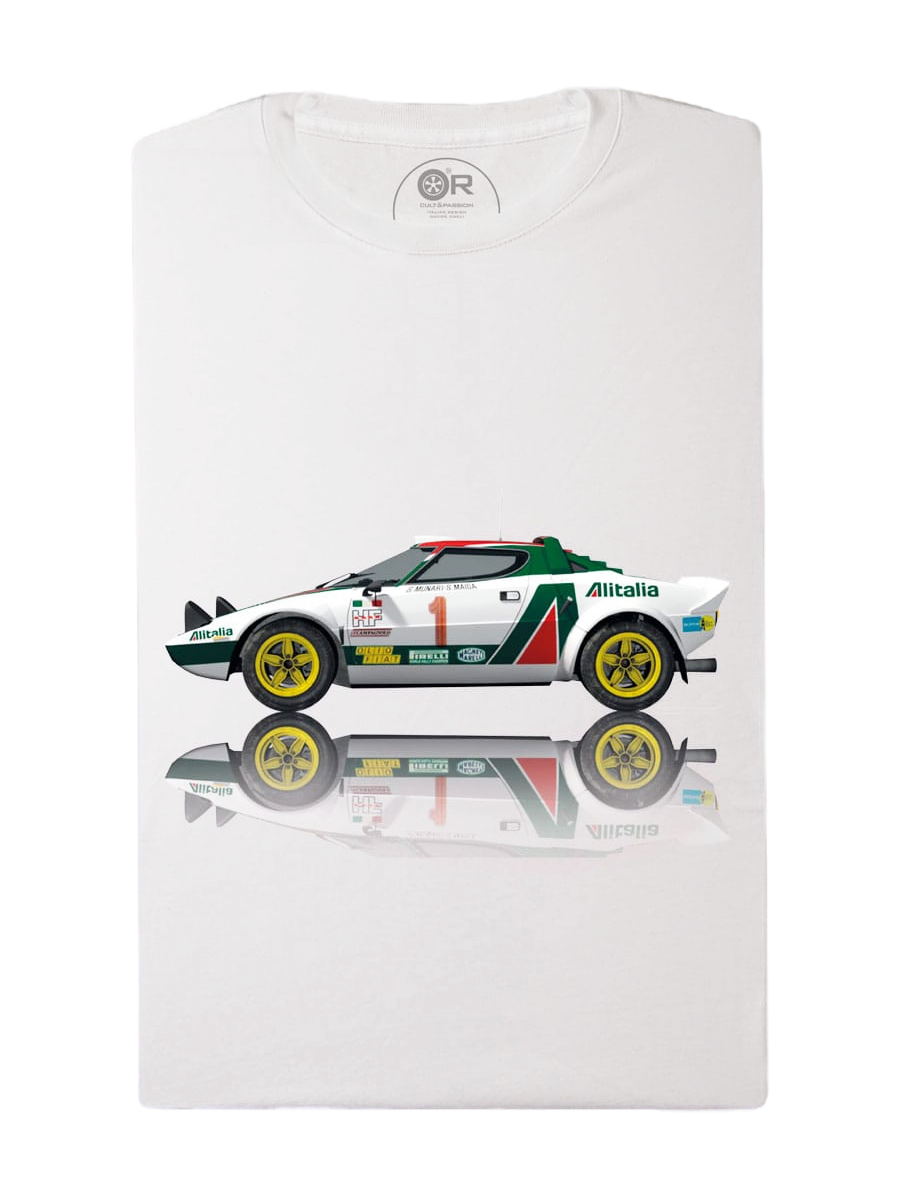 White t-shirt with vintage race car graphic design
