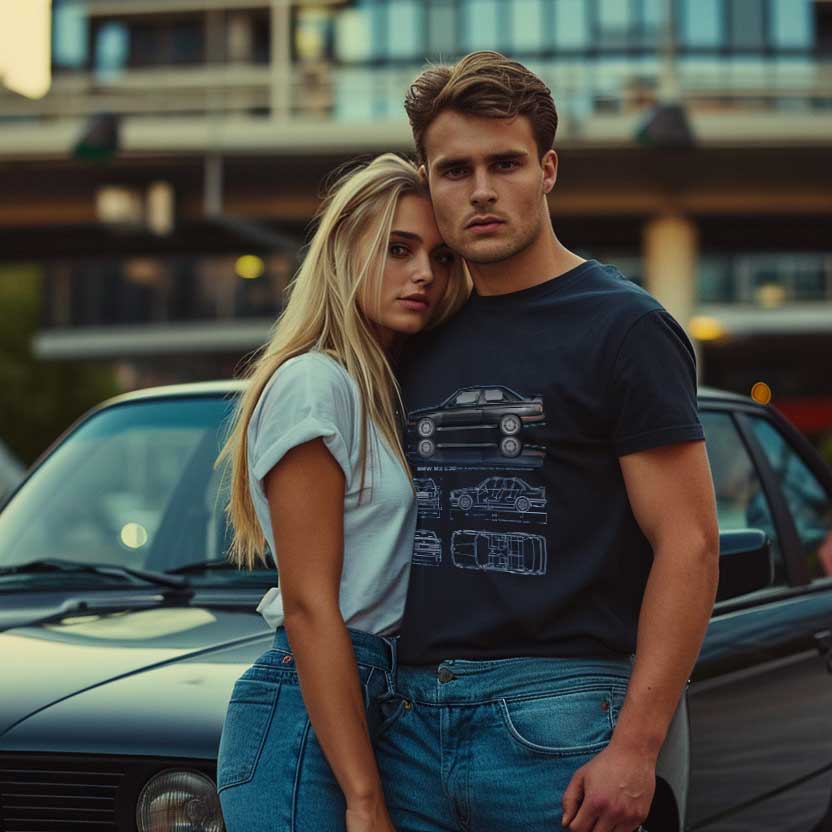 Young couple posing with car at dusk.