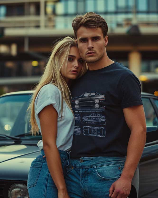 Couple posing with car at dusk in urban environment.