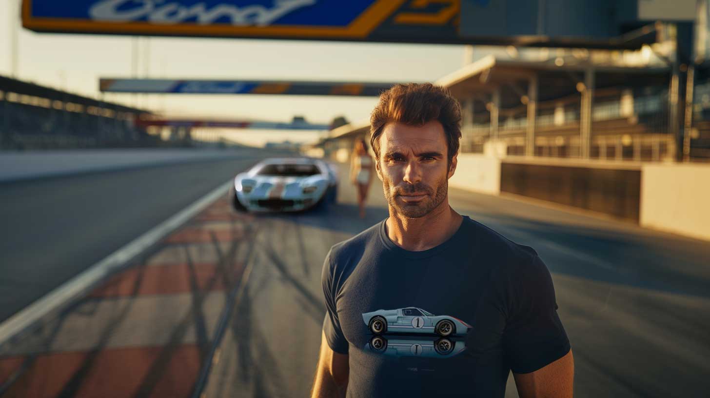 Man in front of sports car on racetrack at sunset.