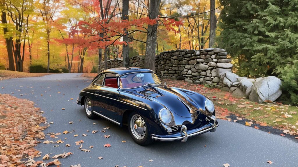 Vintage car on autumn road with fall leaves