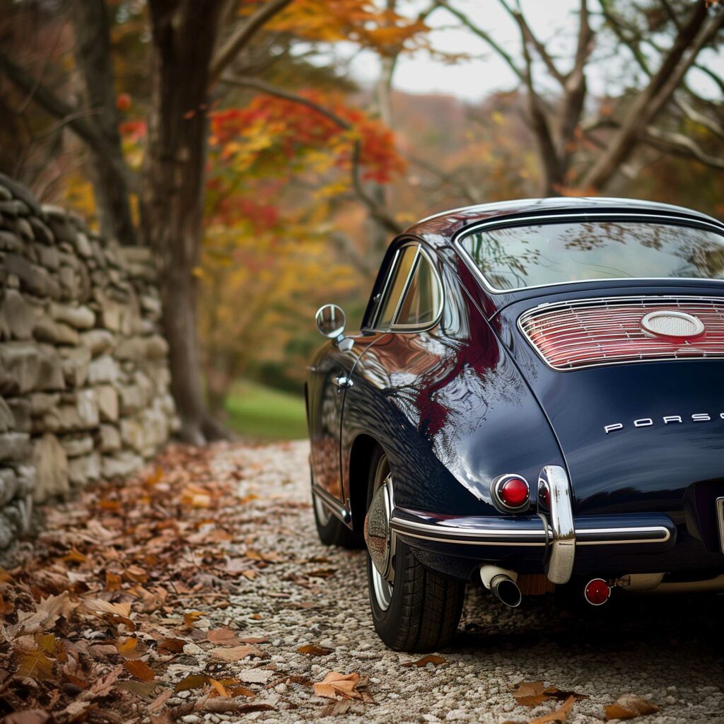 Vintage Porsche on autumn road with fallen leaves.
