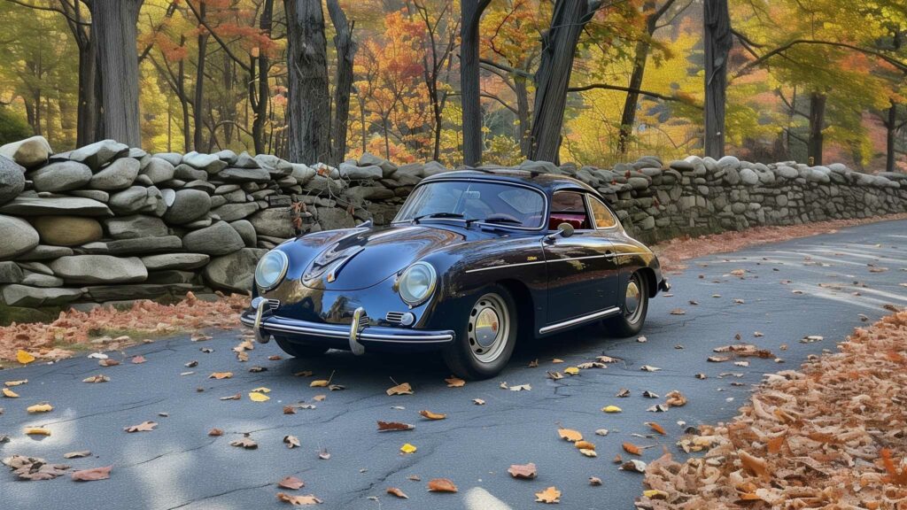 Vintage car on autumn leaf-covered road.