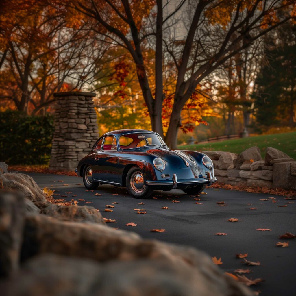 Vintage car in autumn scenery.