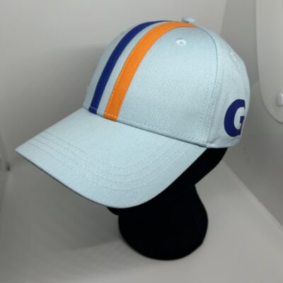 Light blue cap with orange and blue stripes