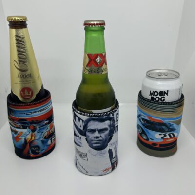 Three bottles with racing-themed stubby holders